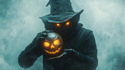 Wall Mural - Haunted magician with glowing eyes, holding a Halloween mask, misty atmosphere, hyper-realistic art, isolated on white background