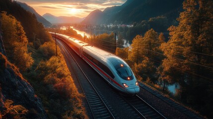 Wall Mural - Train Journey Through Scenic Mountains at Sunset