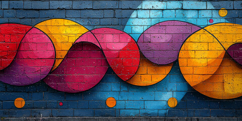 Colorful abstract graffiti mural on a brick wall with a bold pattern of circles and curves in red, yellow, purple and blue.