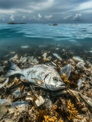 Poster - A dead fish lies on the shore amidst floating plastic debris and oil spills near ruined coral reefs in the ocean. Generative AI