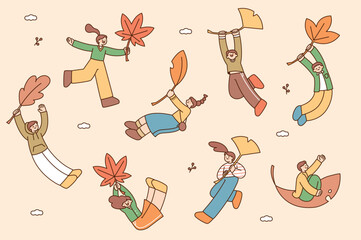 Wall Mural - people are floating happily, hanging from large autumn leaves. outline simple vector illustration.