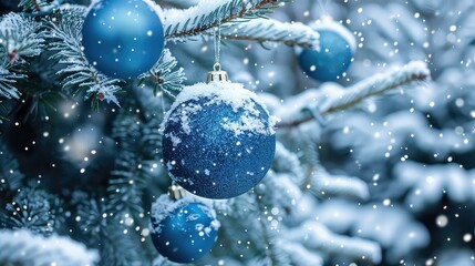 Sticker - A blue Christmas ornament hangs from a snow-covered evergreen branch, with snowflakes falling.