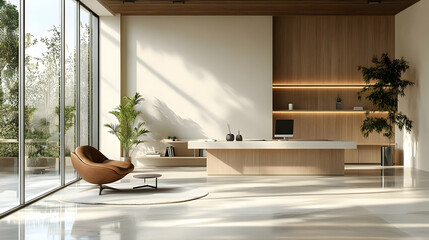 Modern office interior with wooden accents and natural light.