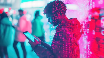 Poster - Individuals bow their heads while focusing on smartphone screens, surrounded by glowing digital codes that emphasize their isolation. Generative AI