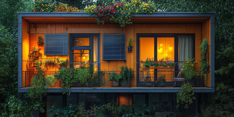 Poster - A cozy, modern home with a balcony filled with plants and warm, inviting lights.