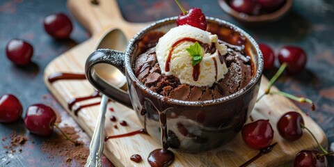 Wall Mural - Vegan chocolate brownie in a mug with cherries and vanilla ice cream a delightful afternoon indulgence