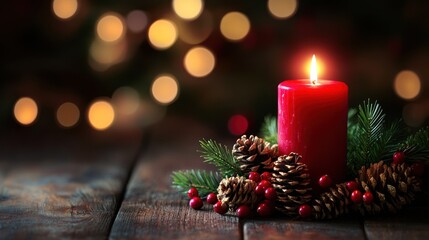 Canvas Print - Christmas Candle with Pine Cones and Holly Berries