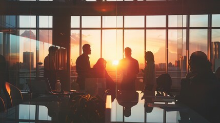 Sticker - Silhouettes of Businesspeople Looking Out of Window at Sunset