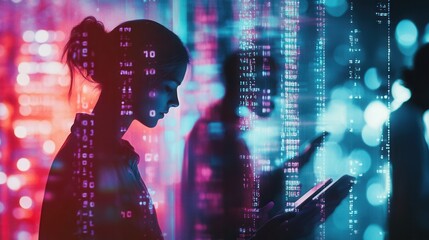 Poster - Individuals lower their heads, focused on smartphone screens, surrounded by glowing numbers and codes, illustrating modern solitude. Generative AI