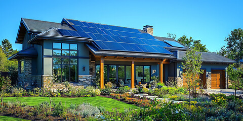 Poster - Modern home with solar panels on the roof, surrounded by lush landscaping.