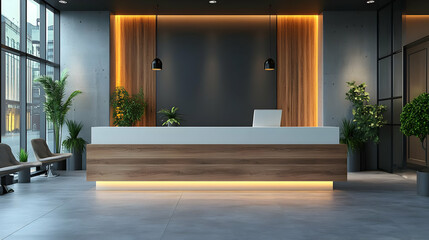 Wall Mural - Modern reception area with sleek design and greenery.