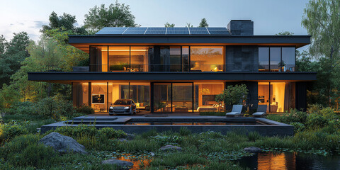 Poster - Modern home with a swimming pool and a pond, lit up at dusk.