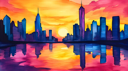 Cityscape Sunset Reflection - Vivid Watercolor Painting