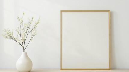 Canvas Print - A minimalist setup with a blossoming branch in a white vase next to an empty golden frame