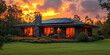 © Vertigo Images - Modern brick home with a solar panel roof glows in the warm light of sunset.