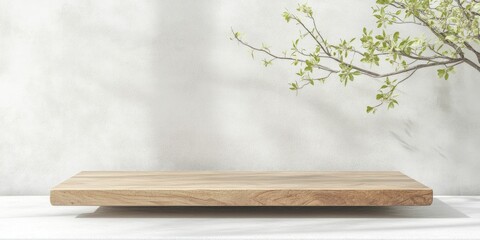 Sticker - A minimalist wooden table with a delicate branch of green leaves in the background