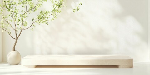 Canvas Print - A serene minimalist interior with a simple bench and a potted plant basking in sunlight