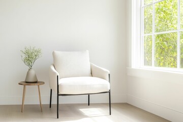 Canvas Print - A serene minimalist room featuring a cozy armchair a small side table with a plant and a large window letting in natural light