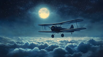 A classic biplane soaring under a moonlit sky, with stars twinkling above, casting gentle shadows on the clouds below, watercolor nightscape