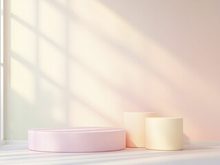 Wall Mural - Soft sunlight filters through a window casting gentle shadows on pastel colored cylindrical objects