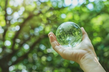 Hand holding a glass globe with trees reflected on the surface. Concept of environmental protection and sustainability.