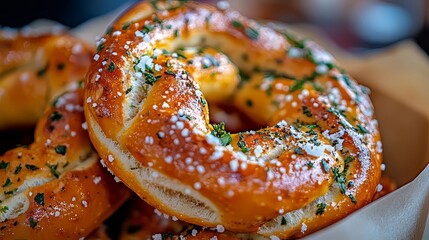 Wall Mural - Freshly baked pretzels topped with herbs and sea salt.