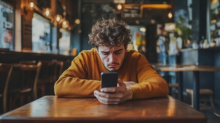 A person sitting alone at a cafe table, staring at their phone with a pained expression