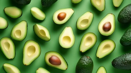 Wall Mural - Fresh Avocados on Green Background