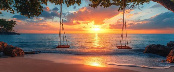 Two swings hang from a tree overlooking a sandy beach with a beautiful sunset over the ocean.