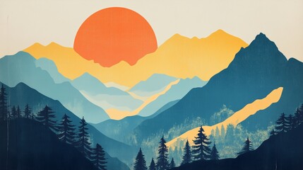 Wall Mural - sunset over majestic mountains with lush forests creates a serene atmosphere in this tranquil landsc