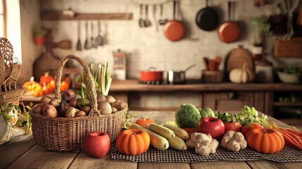 Rustic Kitchen Still Life with Fresh Produce