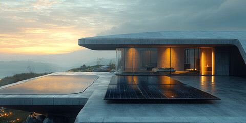 Poster - A modern, minimalist home with a pool and solar panels on the roof, overlooking a misty mountain landscape at sunset.