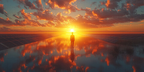 Wall Mural - A lone figure walks towards the setting sun, reflecting on a vast field of solar panels.