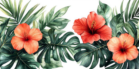 Watercolor painting of tropical hibiscus flowers and leaves. 