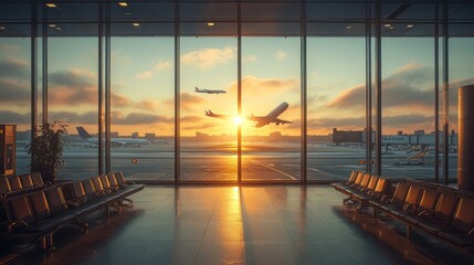 Wall Mural - View of a sunset over an airport runway with multiple airplanes taking off, seen from the waiting area with empty seats.