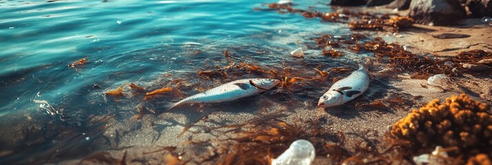 Aufkleber - Dead fish lie on the shore amidst plastic debris and oil spills, showing the impact of pollution on marine environments. Generative AI