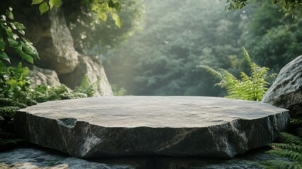 Canvas Print - Stone Platform in a Lush, Misty Forest