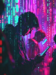 Poster - People are engaged with their smartphones, surrounded by a visual landscape of digital numbers and codes that conveys a sense of isolation. Generative AI
