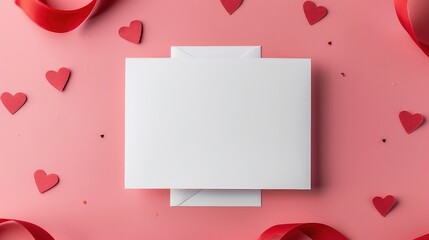 Sticker - Blank card with red hearts on pink background.