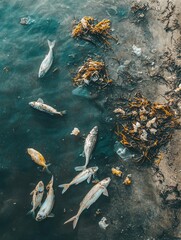Aufkleber - Polluted waters show dead fish on the shore, with floating plastic debris and oil spills affecting the nearby coral reefs. Generative AI