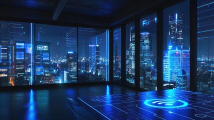 Poster - Futuristic City View with WiFi Symbol on the Floor