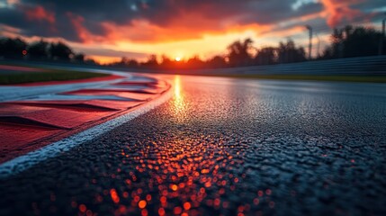 A close-up view of a racetrack at sunset, with the sun reflecting off the wet asphalt.