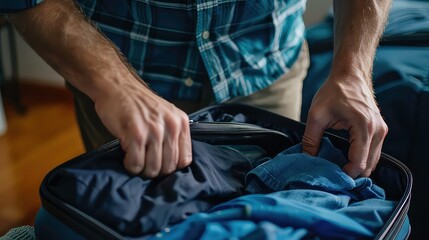 Close-up of a man's hands packing clothes into a black suitcase.