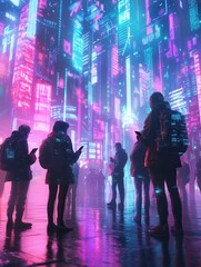 Poster - Individuals bow their heads to smartphones while surrounded by colorful digital displays, reflecting feelings of isolation in a virtual space. Generative AI