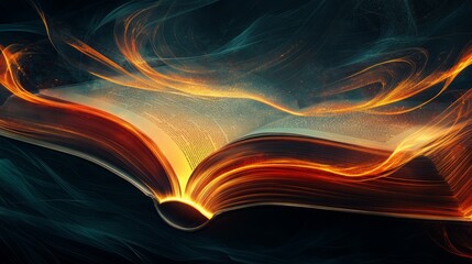 Wall Mural - An open book with glowing pages and abstract light patterns.