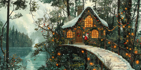 A cozy cottage in the woods, adorned with twinkling lights for the holidays. It's a magical winter scene!