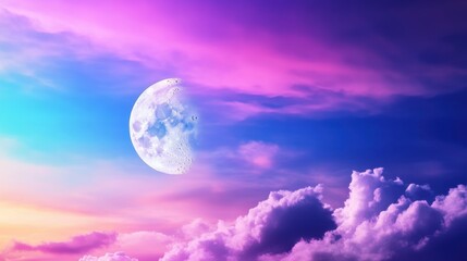 Poster - Dreamy Pink and Blue Sky with Moon and Clouds