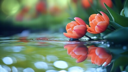 Two Orange Tulips Floating on a Pond with Reflections