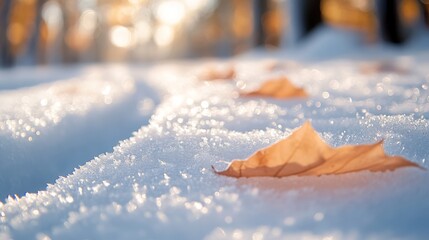 A Single Brown Leaf Resting on a Glittering Snow-Covered Path