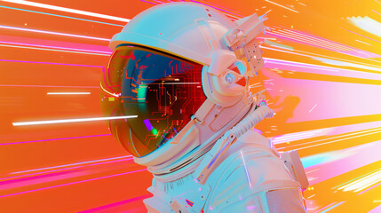 Wall Mural - 3D astronaut dynamic illustration with rainbow colorful gradient speed neon lights rays lines and vibrant colors in futuristic cyberpunk style with glossy texture for digital cool background